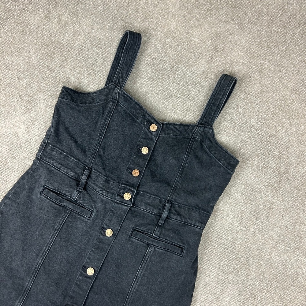 Gap Button Front Denim Mini Dress Womens 10 Petite Black Cotton Sweetheart Neck